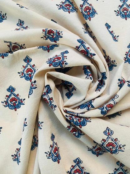 Ajrakh Cotton Handblock Printed Off White Small Butti Natural Dye Fabric