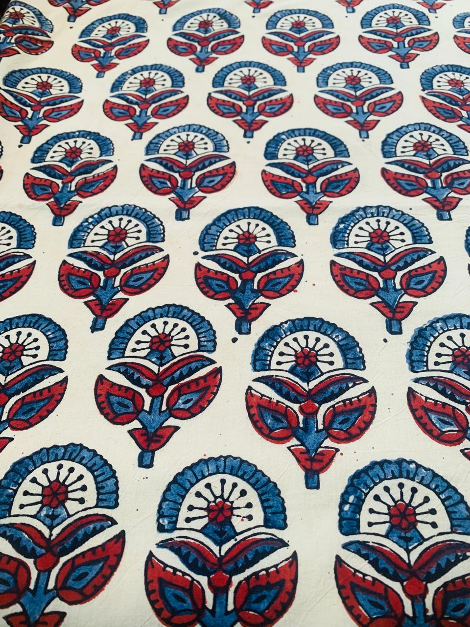 Ajrakh Cotton Handblock Printed Off White Natural Dye Fabric