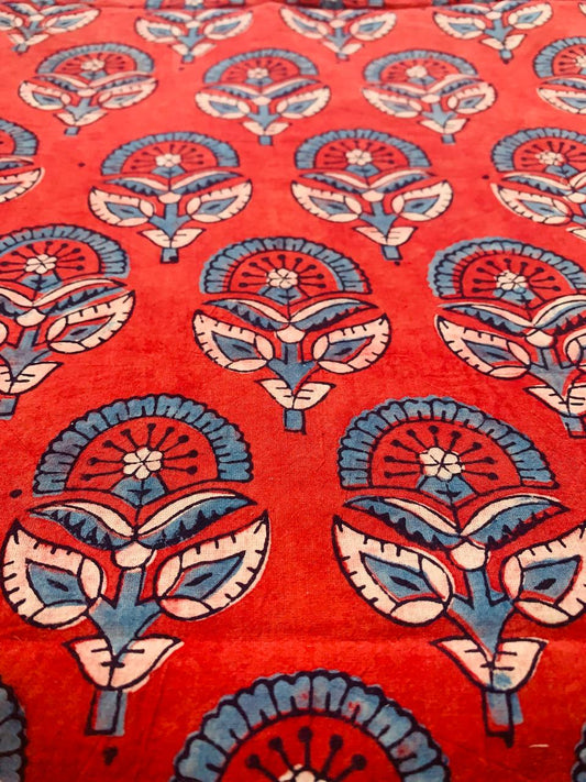Ajrakh Cotton Handblock Printed Marron Floral Natural Dye Fabric