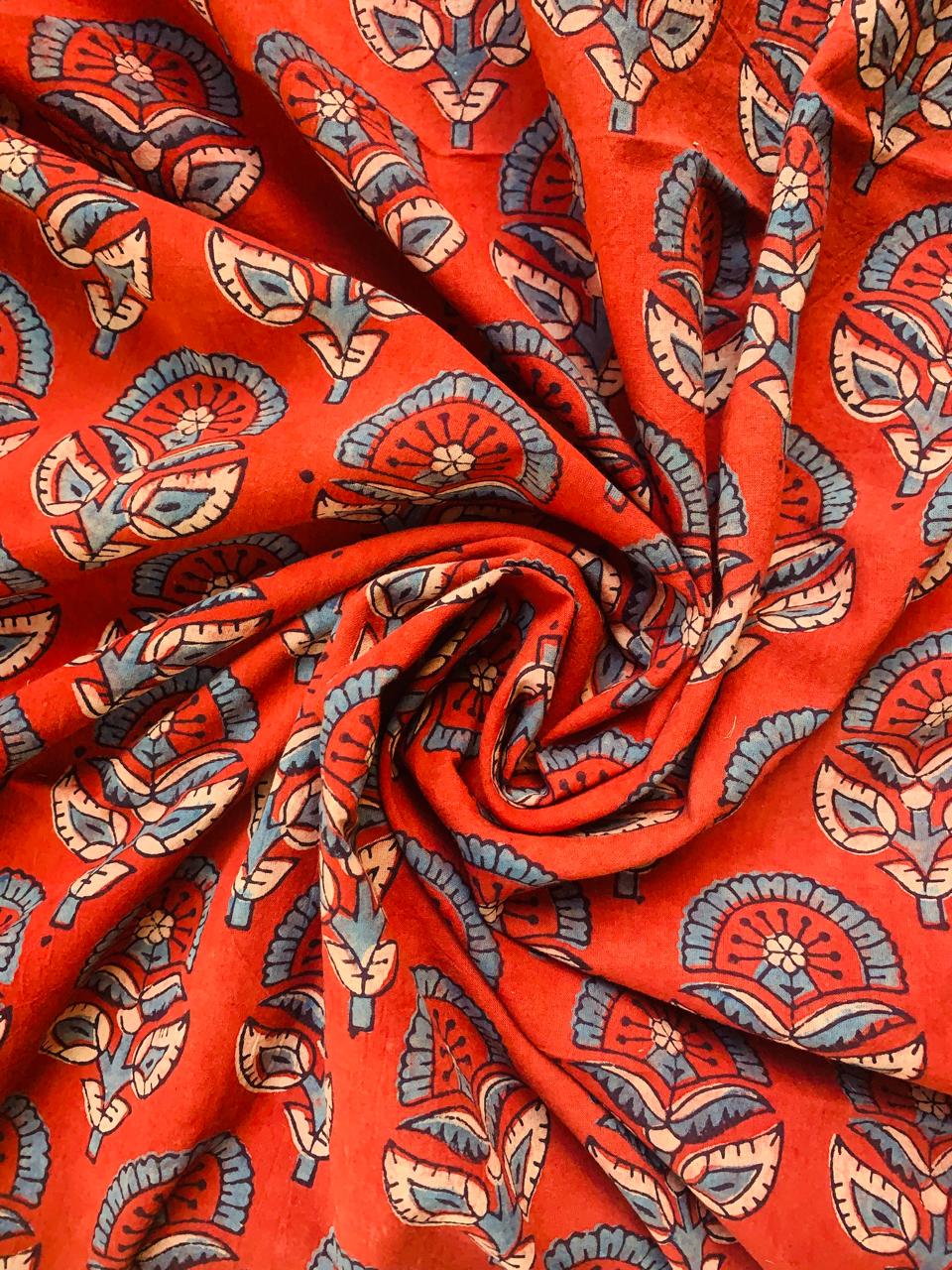 Ajrakh Cotton Handblock Printed Marron Floral Natural Dye Fabric