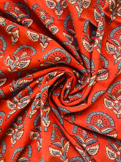 Ajrakh Cotton Handblock Printed Marron Floral Natural Dye Fabric