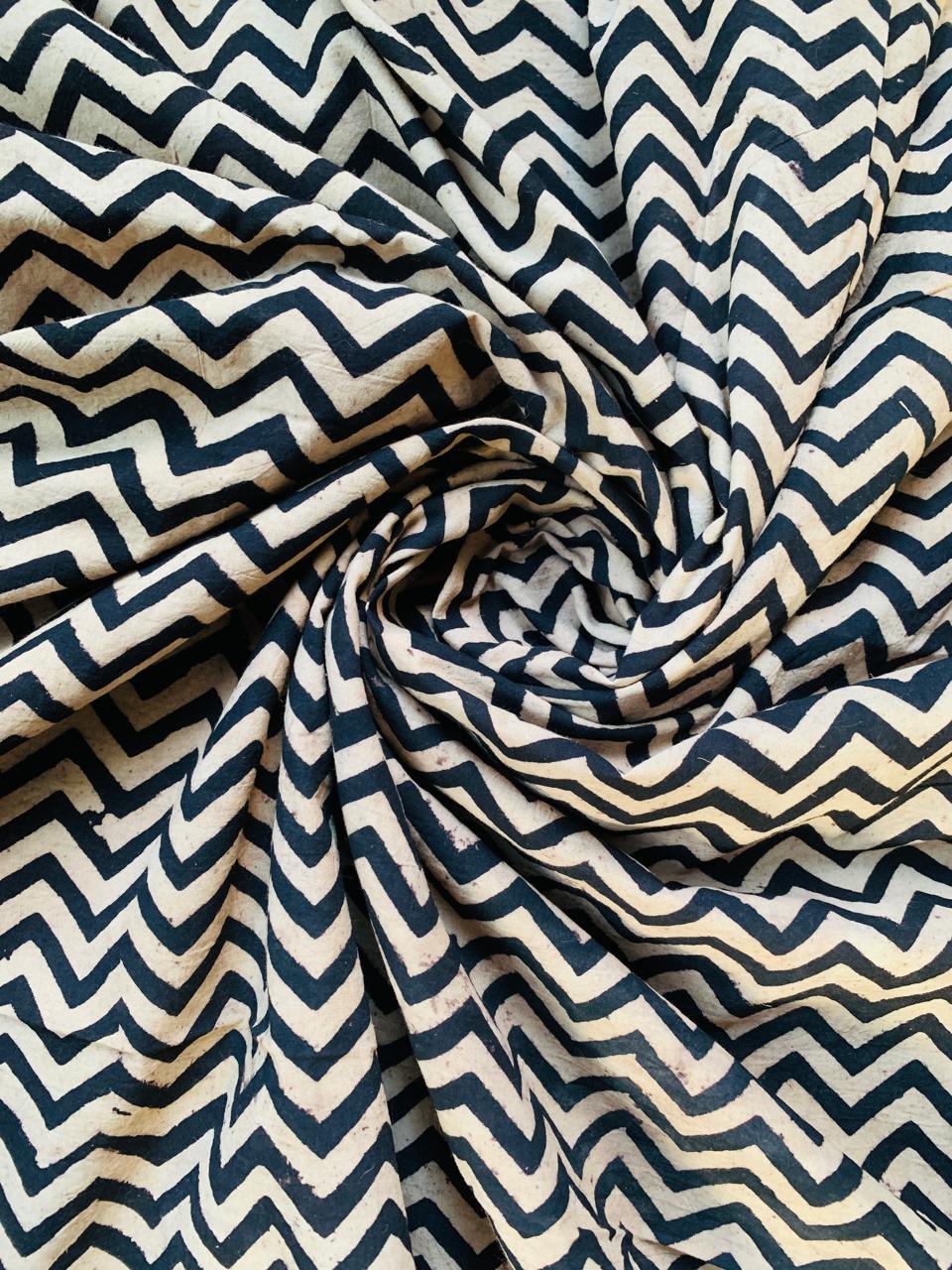 Ajrakh Cotton Handblock Printed Black And White Zigzag Natural Dye Fabric