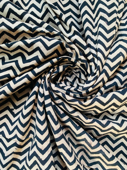 Ajrakh Cotton Handblock Printed Black And White Zigzag Natural Dye Fabric