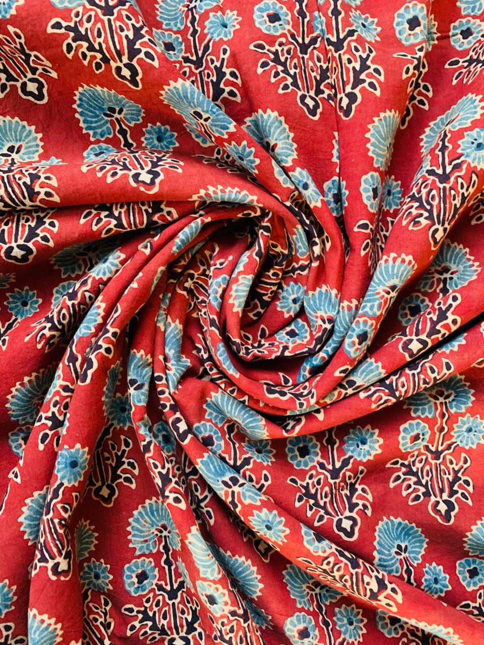 Ajrakh Cotton Handblock Printed Red Floral Natural Dye Fabric