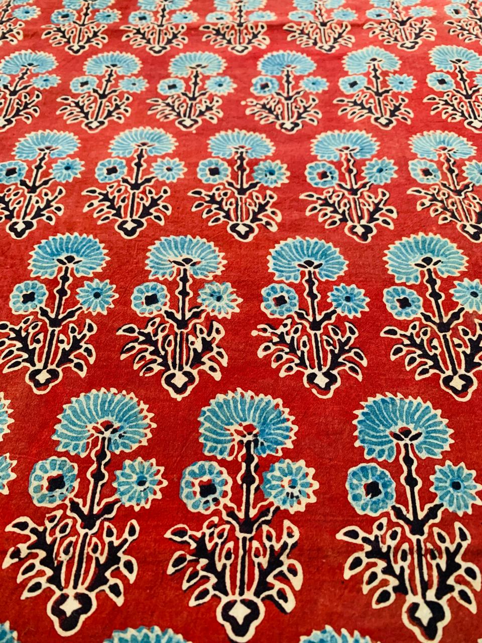 Ajrakh Cotton Handblock Printed Red Floral Natural Dye Fabric