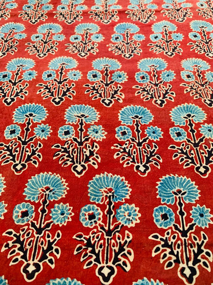 Ajrakh Cotton Handblock Printed Red Floral Natural Dye Fabric