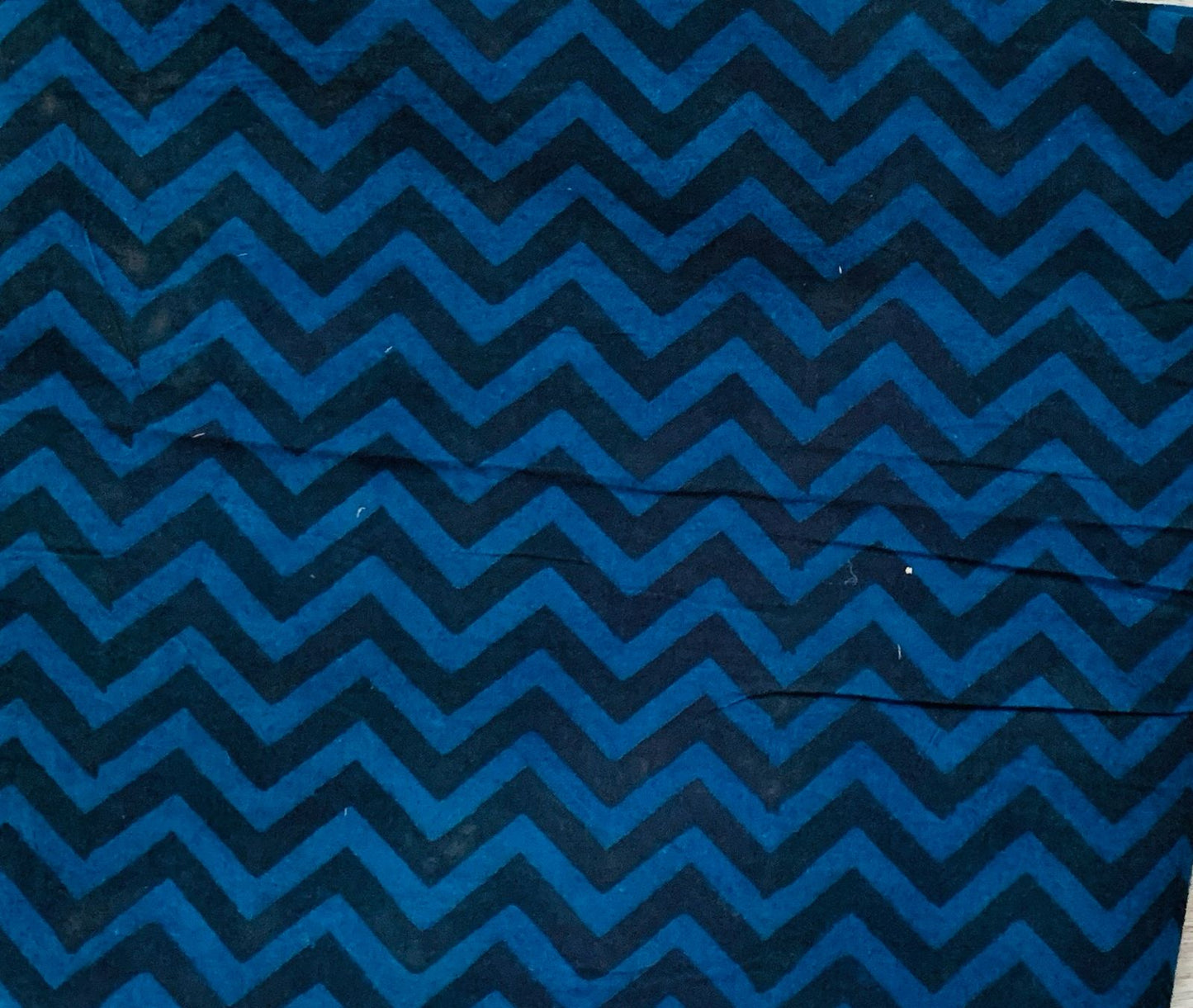 Ajrakh Cotton Handblock Printed Black Blue Zigzag Natural Dye Fabric