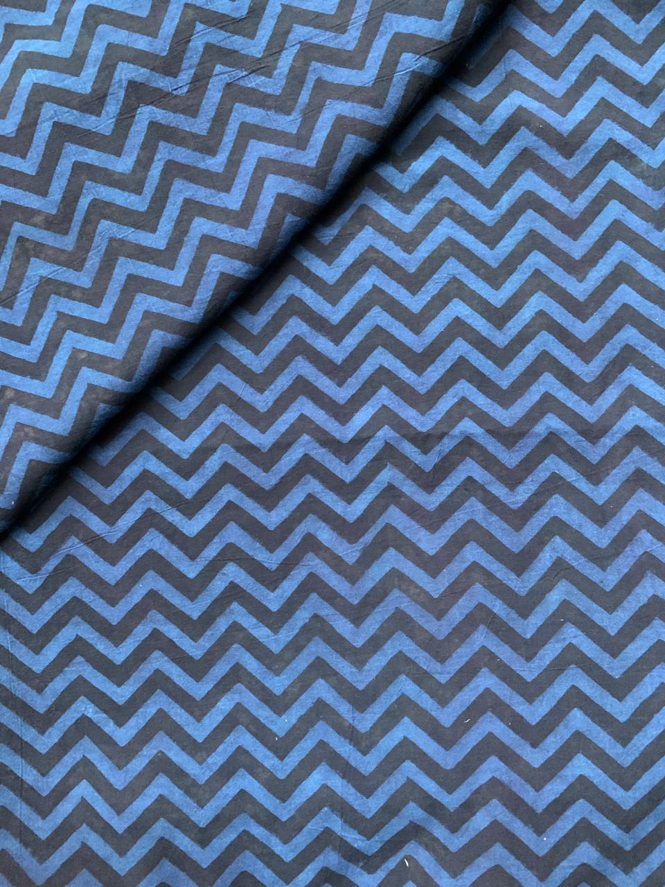 Ajrakh Cotton Handblock Printed Black Blue Zigzag Natural Dye Fabric
