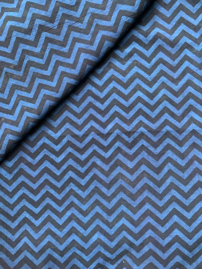 Ajrakh Cotton Handblock Printed Black Blue Zigzag Natural Dye Fabric
