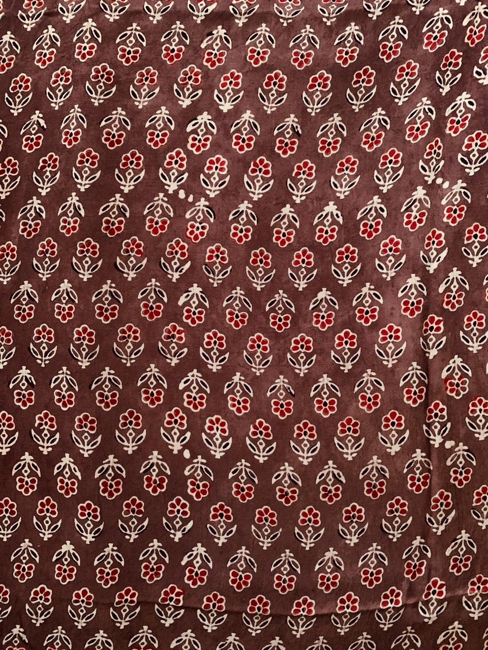 Ajrakh Modal Silk Brown Small Butti Handblock Printed Fabric