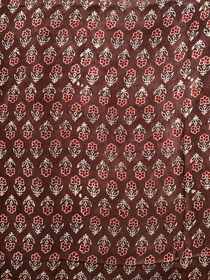 Ajrakh Modal Silk Brown Small Butti Handblock Printed Fabric