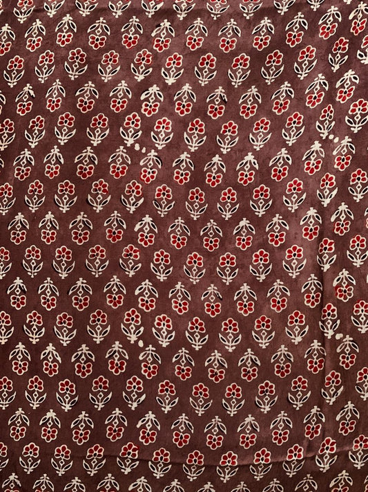 Ajrakh Modal Silk Brown Small Butti Handblock Printed Fabric