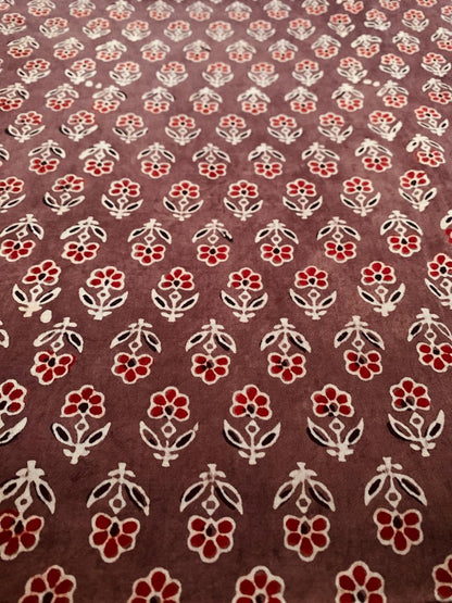 Ajrakh Modal Silk Brown Small Butti Handblock Printed Fabric